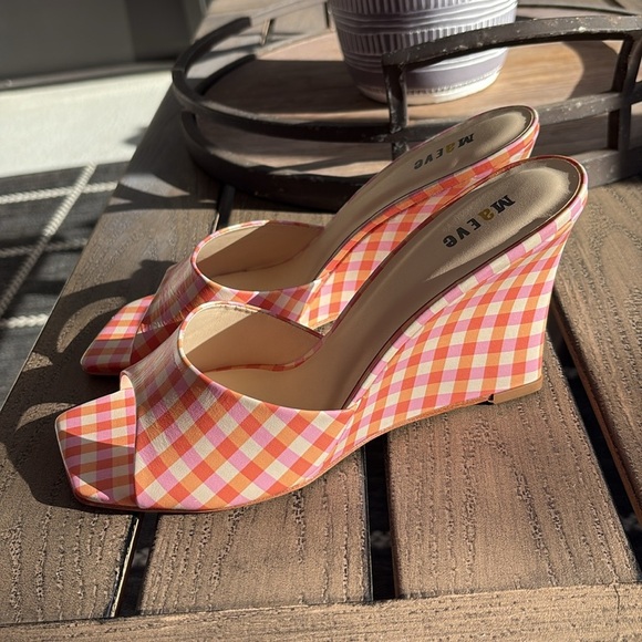 Maeve Sandal Wedge Heels Size 7 Pink Checkered Spring Summer Square Toe Open - Picture 1 of 8